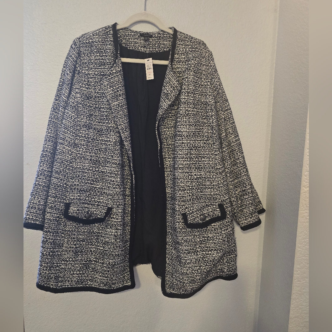 Talbots Soft Tweed Open Front Sweater Blouc Knit Black &White Blazer Jacket Nwt